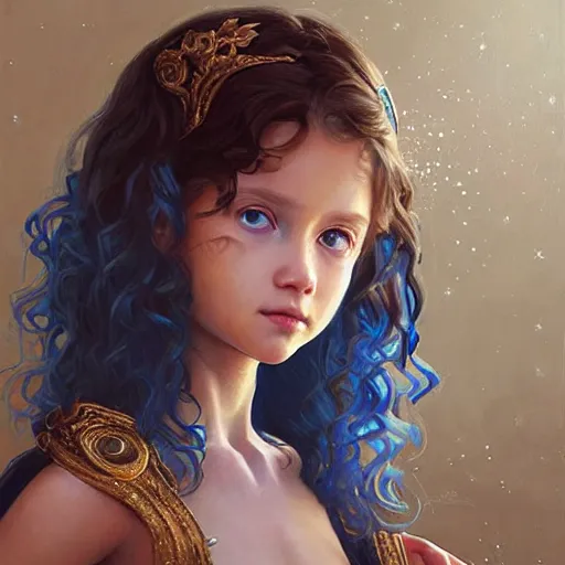 Prompt: a little girl with short wavy curly light brown hair and blue eyes, a space empress in byzantine style. beautiful highly detailed face, painting by artgerm and greg rutkowski and ilya kuvshinov.