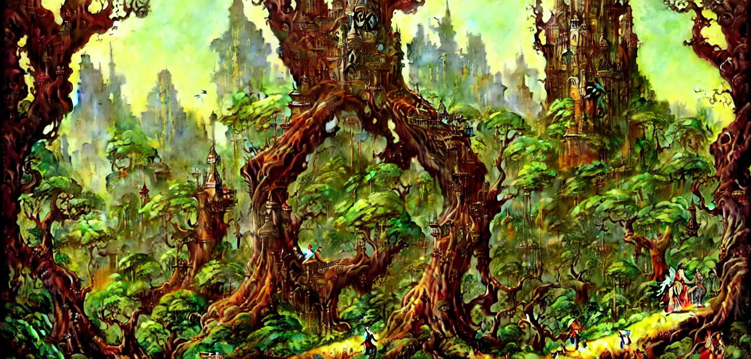 Image similar to exquisite imaginative fantasy landscape lush forests, gnarly trees, with steampunk castles movie poster by : : norman rockwell, sargent, james gurney weta studio, trending on artstation james jean frank frazetta