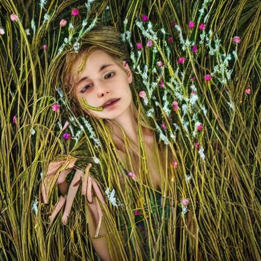 Prompt: an anthropomorphic of grass twigs and flowers, hyperdetailed, realistic, cinematic photograph