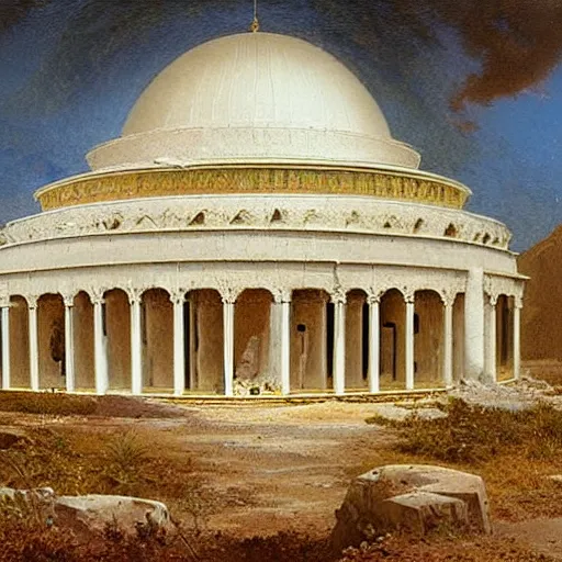 Prompt: the temple of truth is white, whole, holy and beautiful, but is surrounded by a crater of ruin and desolation. painting by albert bierstadt. intricate detail. stark contrast