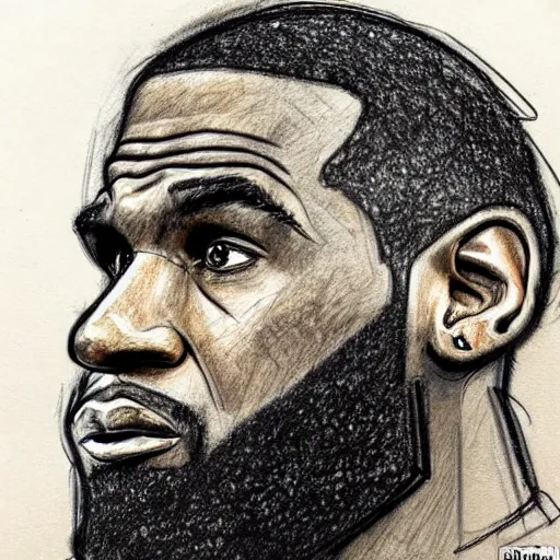 Image similar to a realistic yet scraggly portrait sketch of the side profile of a stern and sophisticated lebron james, trending on artstation, intricate details, in the style of frank auerbach, in the style of sergio aragones, in the style of martin ansin, in the style of david aja, in the style of mattias adolfsson