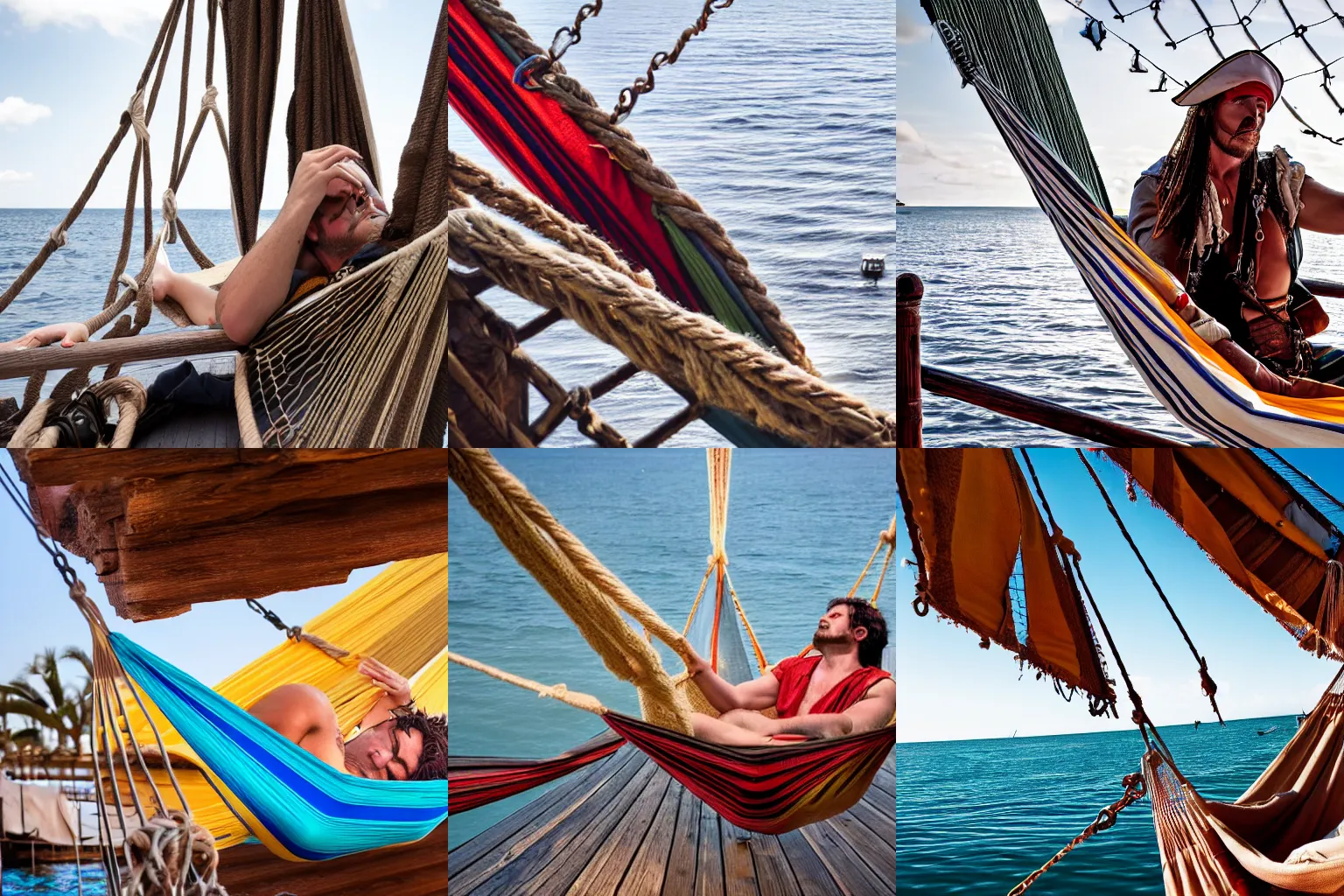 Prompt: a pirate sleeping in a hammock belowdecks, today's featured photography 4K