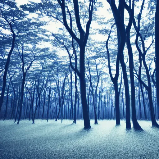 Image similar to Ground level view of An indigo forest in Japan, dark, midnight, seven ghostly white trees