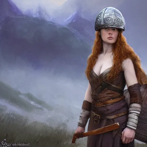 Image similar to an female viking with a helmet and ginger hair smilling, blizzard mountains backround, village, digital painting, artstation, concept art, soft light, hdri, smooth, sharp focus, illustration, fantasy, intricate, elegant, highly detailed, D&D, matte painting, in the style of Greg Rutkowski and Alphonse Mucha and artemisia, 8k,