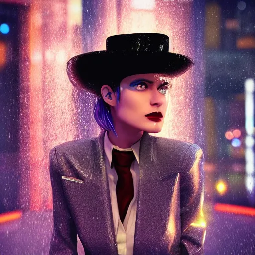 Prompt: stylish woman cartoon portrait made out of rain, pinstripe suit, top hat, cyberpunk background, rendered in octane, unreal engine, highly detailed, trending on artstation, realistic, neon, beautiful