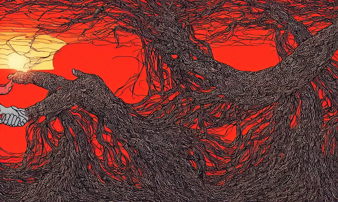 Prompt: intricate illustration of a strong handshake and interlocking arms against a background of sillicon chip blood vessels sunset at sunset in the style of jean giraud cinematic