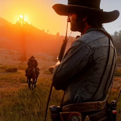 Image similar to cinematic screenshot from red dead redemption 2 ; crisp sharp focus ; ultra realistic, concept art, intricate details, dramatic action, highly detailed, photorealistic, octane render, 8 k, unreal engine. art by artgerm and greg rutkowski and charlie bowater and magali villeneuve and alphonse mucha