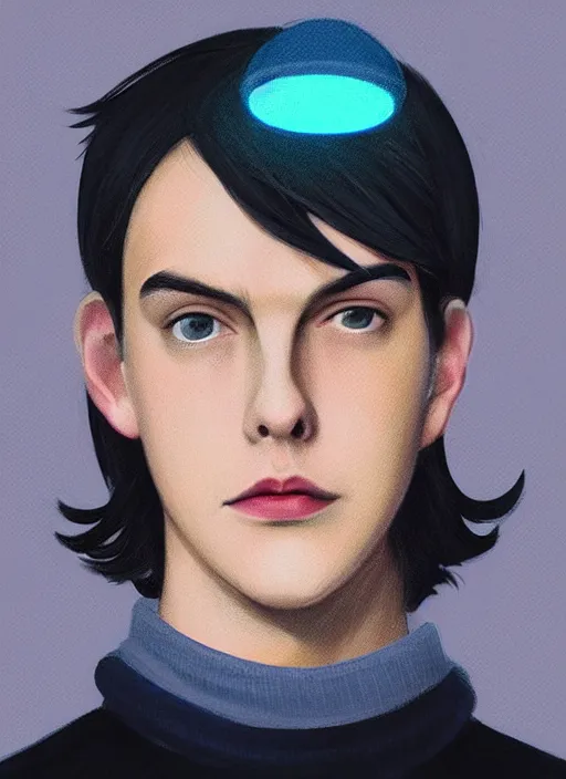 Image similar to portrait of teenage jughead jones wearing a light grey crown, crown, blue turtleneck, 1 9 5 0 s, closed eyes, photorealistic, black hair, glowing lighting, intricate, elegant, glowing lights, highly detailed, digital painting, artstation, concept art, smooth, sharp focus, illustration, art by wlop, mars ravelo and greg rutkowski