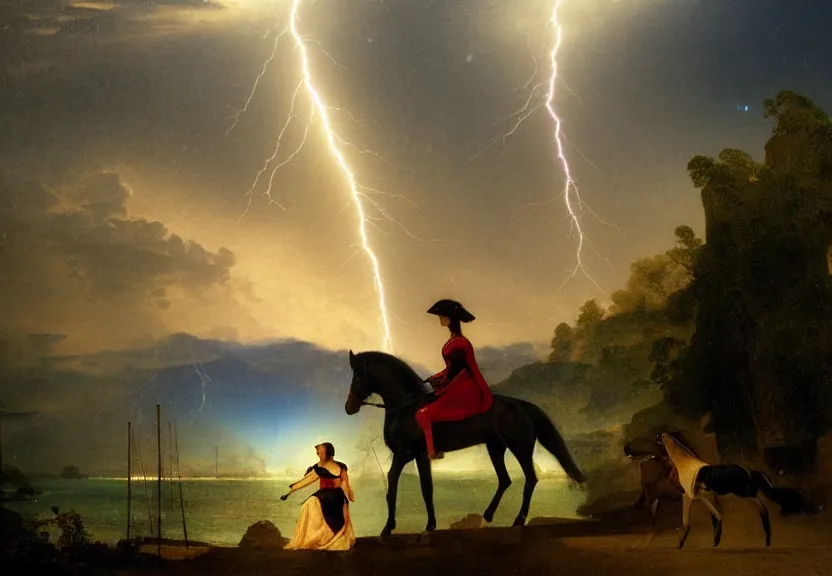 Prompt: Girl riding the horse on the palace bridge, refracted sparkles, thunderstorm, greek pool, beach and Tropical vegetation on the background major arcana sky, by paul delaroche, hyperrealistic 4k uhd, award-winning, very very very detailed