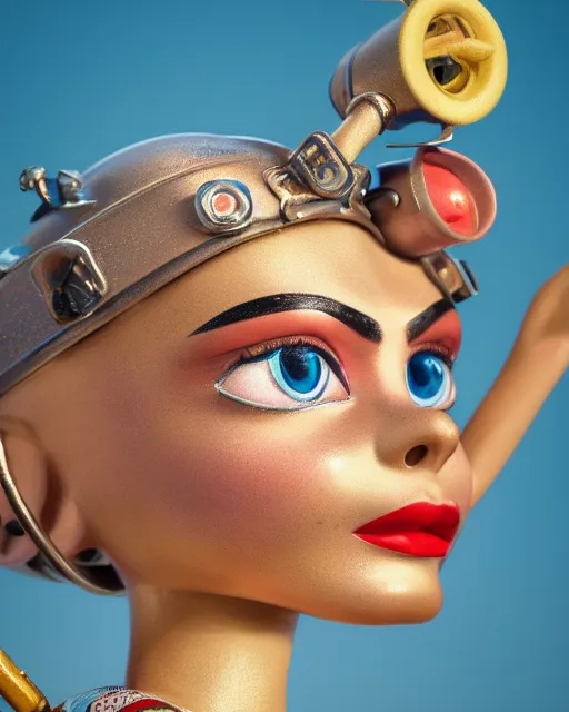 Image similar to closeup face profile portrait of a tin toy retro 1 9 5 0 s cara delevingne, bikini, depth of field, zeiss lens, fashion photoshoot by nicoletta ceccoli, mark ryden, lostfish, breathtaking, detailed and intricate environment, 8 k resolution, extremely detailed, beautiful, establishing shot, artistic, hyperrealistic, octane render