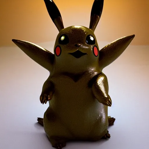 Image similar to Pikachu, a bronze sculpture by Guillermo del Toro, featured on deviantart, antipodeans, movie still, ultra detailed, shiny