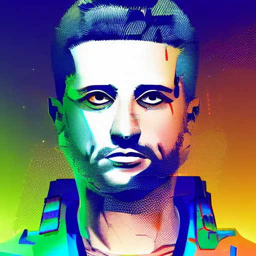 Image similar to cyberpunk volodymyr zelenskyy as the leader of a futuristic communist nation, cybernetics, sharp lines, digital, artstation, colored in