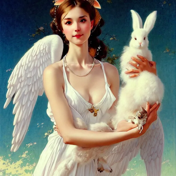 Prompt: Portrait of a cute elegant woman with angelic white wings on her back, holding a rabbit, luxurious neckless, beautiful long white dress, sunset, warm spring, detailed face, fantasy, anime, vibrant, colorful, intricate details, trending on ArtStation, Deviantart, by WLOP, james gurney, norman rockwell