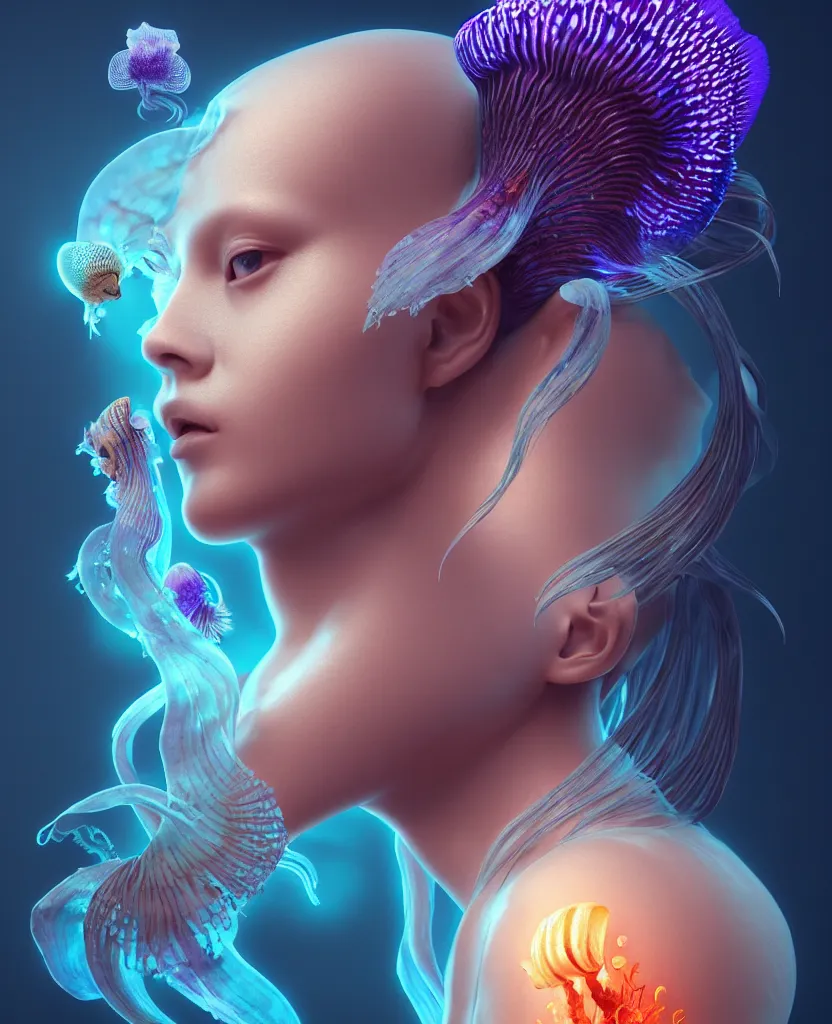 Image similar to goddess close-up portrait. jellyfish phoenix head, nautilus, orchid, skull, betta fish, bioluminiscent creatures, intricate artwork by Tooth Wu and wlop and beeple. octane render, trending on artstation, greg rutkowski very coherent symmetrical artwork. cinematic, hyper realism, high detail, octane render, 8k