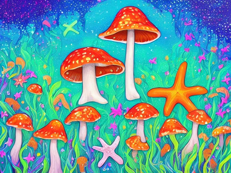 Image similar to digital painting detailed beach and shoreline starfish magical forest flowers mushrooms painted by jeremiah ketner