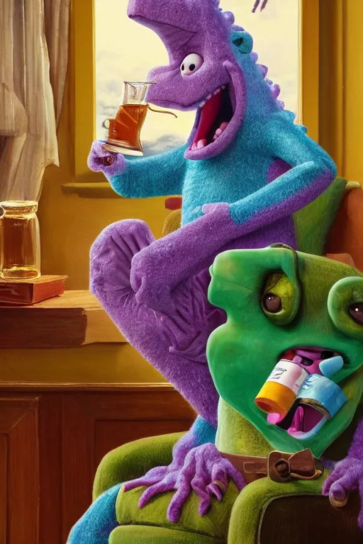 Image similar to still from kids tv show, retired barney the dinosaur, sitting in a lounge, sipping whiskey and smoking a cigar, oil on canvas, intricate, portrait, 8 k highly professionally detailed, hdr, cgsociety