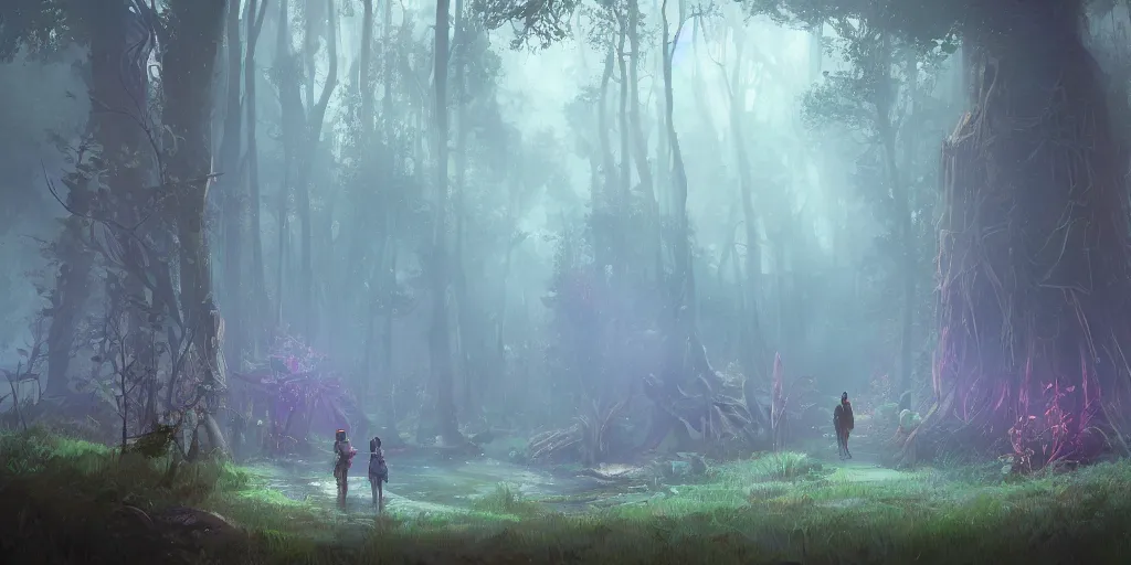 Prompt: reed people in futuristic spiritual mystical post apocalyptic forest by ron gilbert, dim painterly volumetric aquatic lighting, beautiful, crisp, artstation, highly detailed