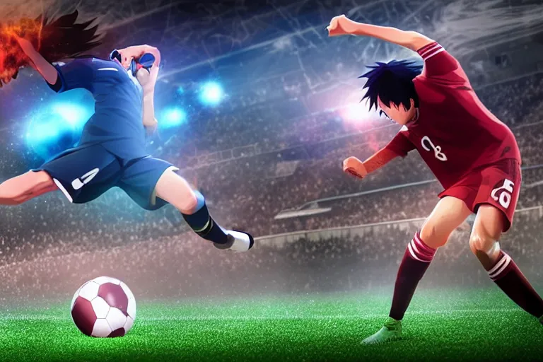 Image similar to anime soccer player scores goal with high kick, hyper realism, octane render