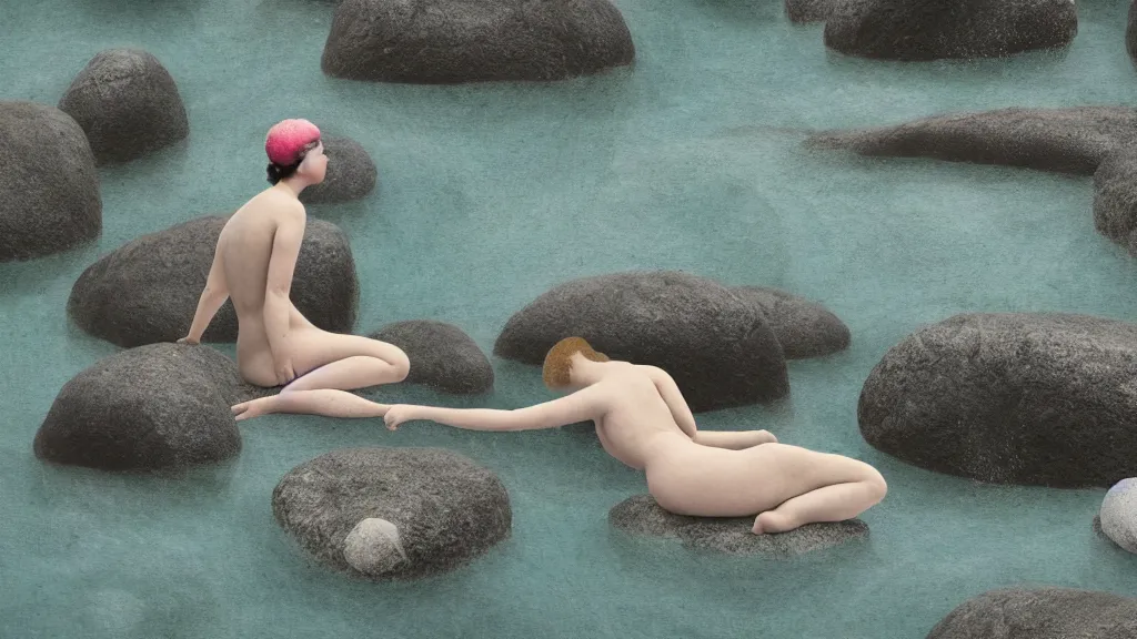 Image similar to a bather at a natural hot spring in a nook of river stones, in an epic valley, japan, a collage painting, in the style of wes anderson, lola dupre, david hockney, isolated on negative white space background dark monochrome neon spraypaint accents volumetric octane render