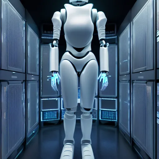 Image similar to hyperrealism stock photo of highly detailed stylish humanoid robot in sci - fi cyberpunk style by gragory crewdson and vincent di fate that working in the highly detailed data center by mike winkelmann and laurie greasley rendered in blender and octane render