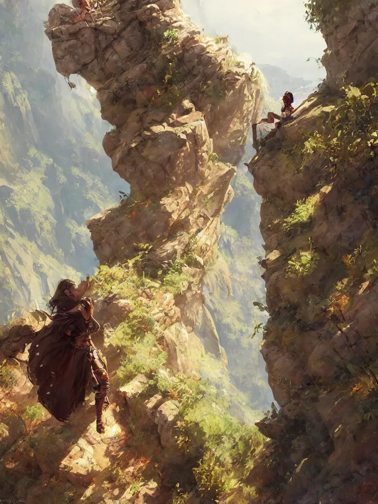 Image similar to oil art of young roma mage adventurer climbing down a cliffside in style of disco elysium character, gipsy jester character design from ravenloft, art by anders zorn, wonderful masterpiece by greg rutkowski, beautiful cinematic light, american romanticism by greg manchess, jessica rossier