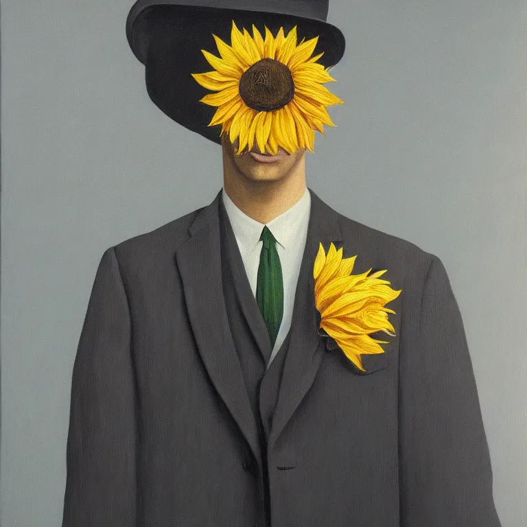 Image similar to portrait of a faceless sunflower - head man in a suit by rene magritte, detailed painting, distance, centered, hd, hq, high resolution, high detail, 4 k, 8 k