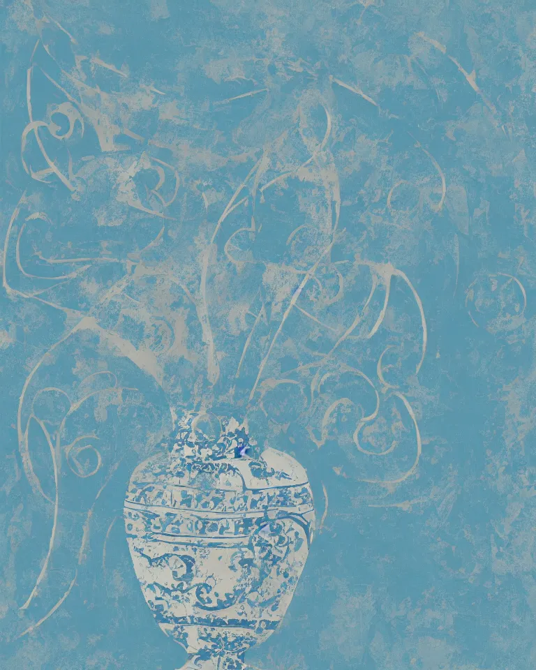 Image similar to abstract print featuring painted ancient greek vase on monochromatic baby blue background.