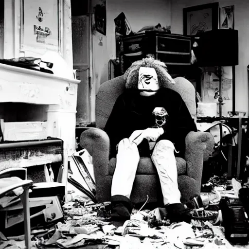 Image similar to ronald mcdonald sitting in an armchair in a cluttered apartment, gritty, film, somber