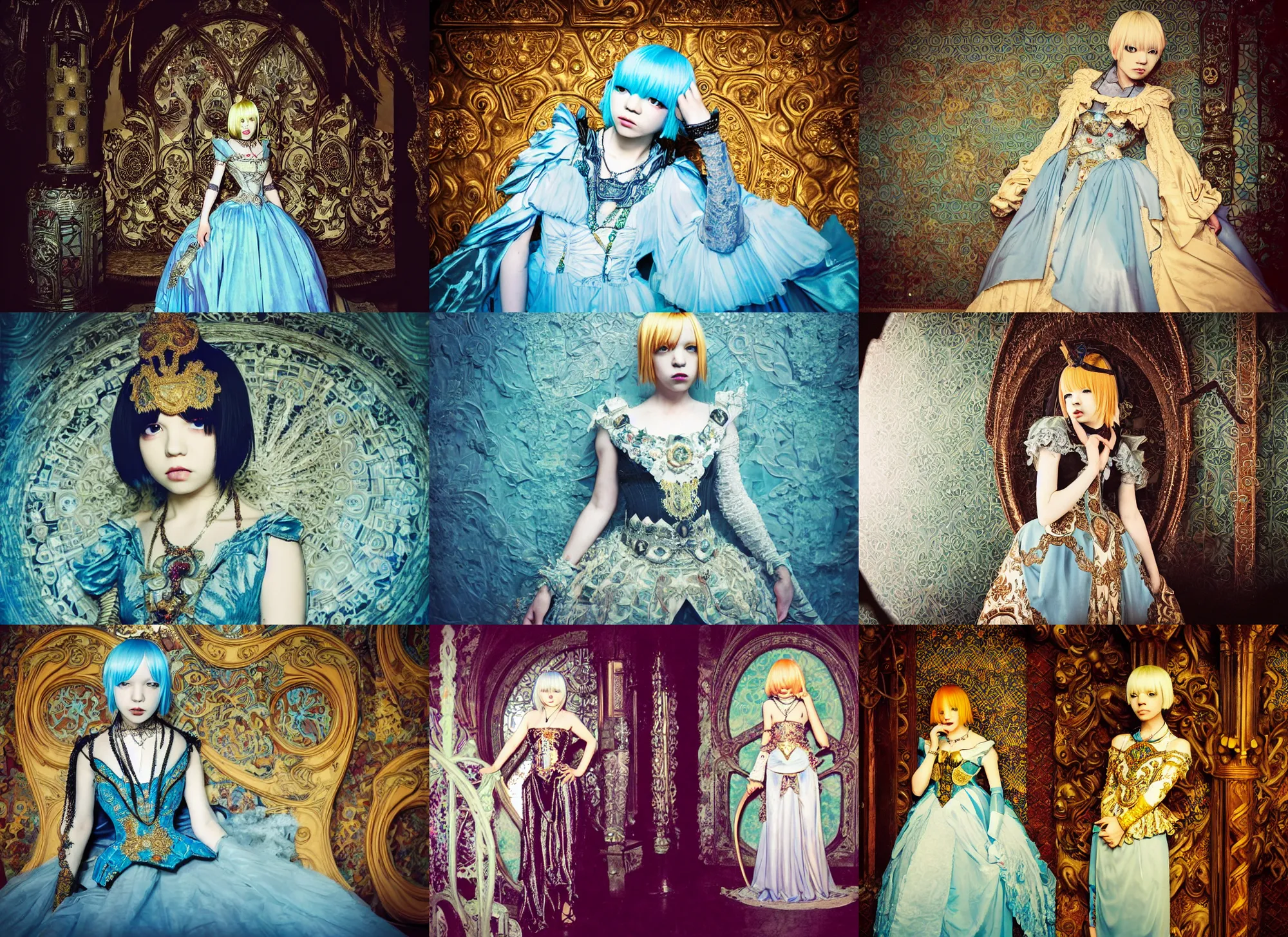 Prompt: lomography, full body portrait photo of reol in a castle ballroom interior at a crowded masquerade party with many, wearing an ornate dress designed by alphonse mucha, moody, realistic, dark, skin tinted a warm tone, light blue filter, hdr, rounded eyes, detailed facial features, very dark, antoni gaudi