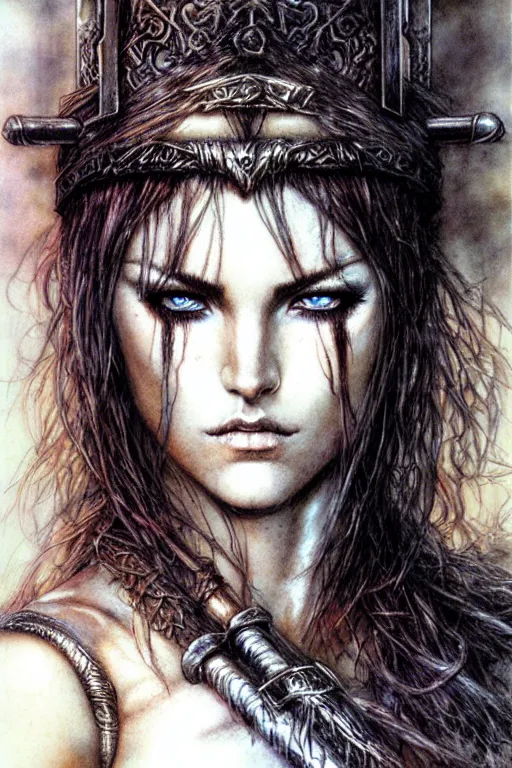 Prompt: head and shoulders portrait of a barbarian, female, high fantasy, dnd, by luis royo