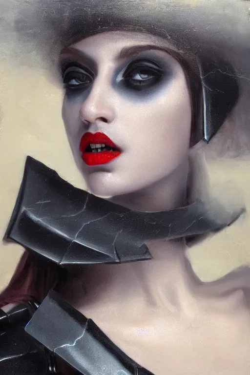 Image similar to hyperrealism oil painting, close - up portrait of european medieval brunette vampire fashion model, knight, steel gradient mixed with nebula sky, in style of baroque