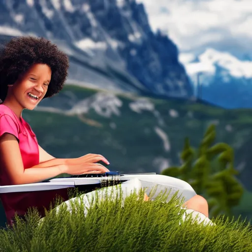Prompt: illustration of a smiling female software developer sitting outside in front of a modern campus building working on a laptop with beautiful mountains in the background, digital art, high detail, summer, alps, 4k, cartoon