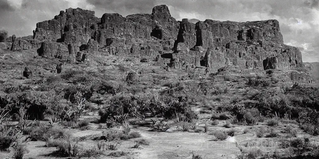 Prompt: lost city on the auyan tepui, vintage photograph, bw, by edward s curtis, realistic,