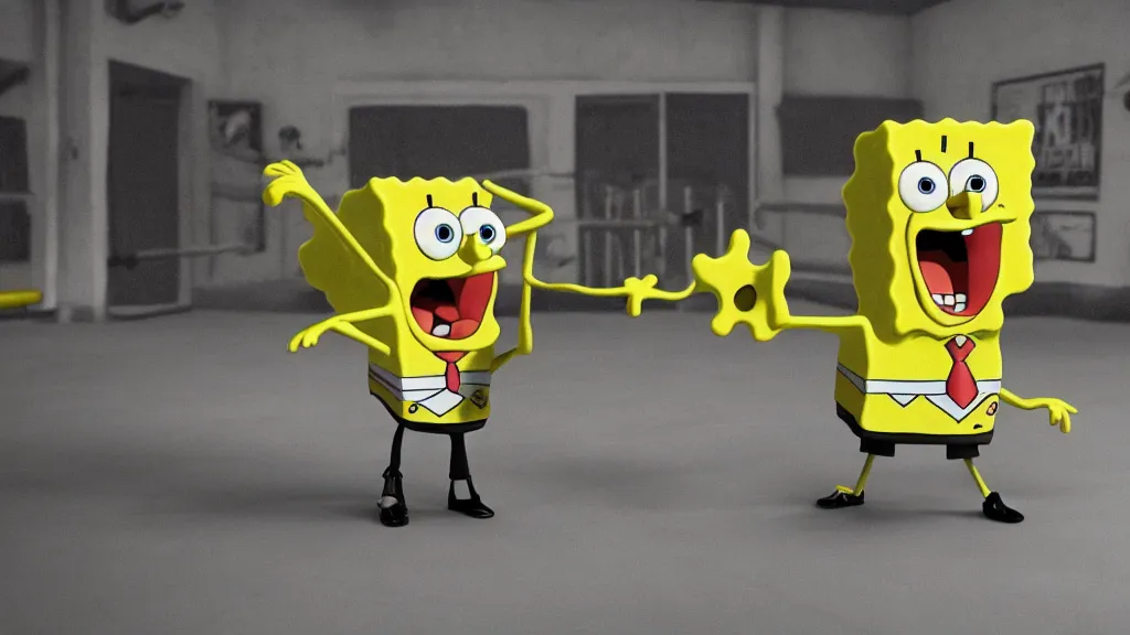 Image similar to spongebob squarepants as an mma fighter, in the ring for a big fight, wide shot, 3 d, hyperrealistic, rendered in octane