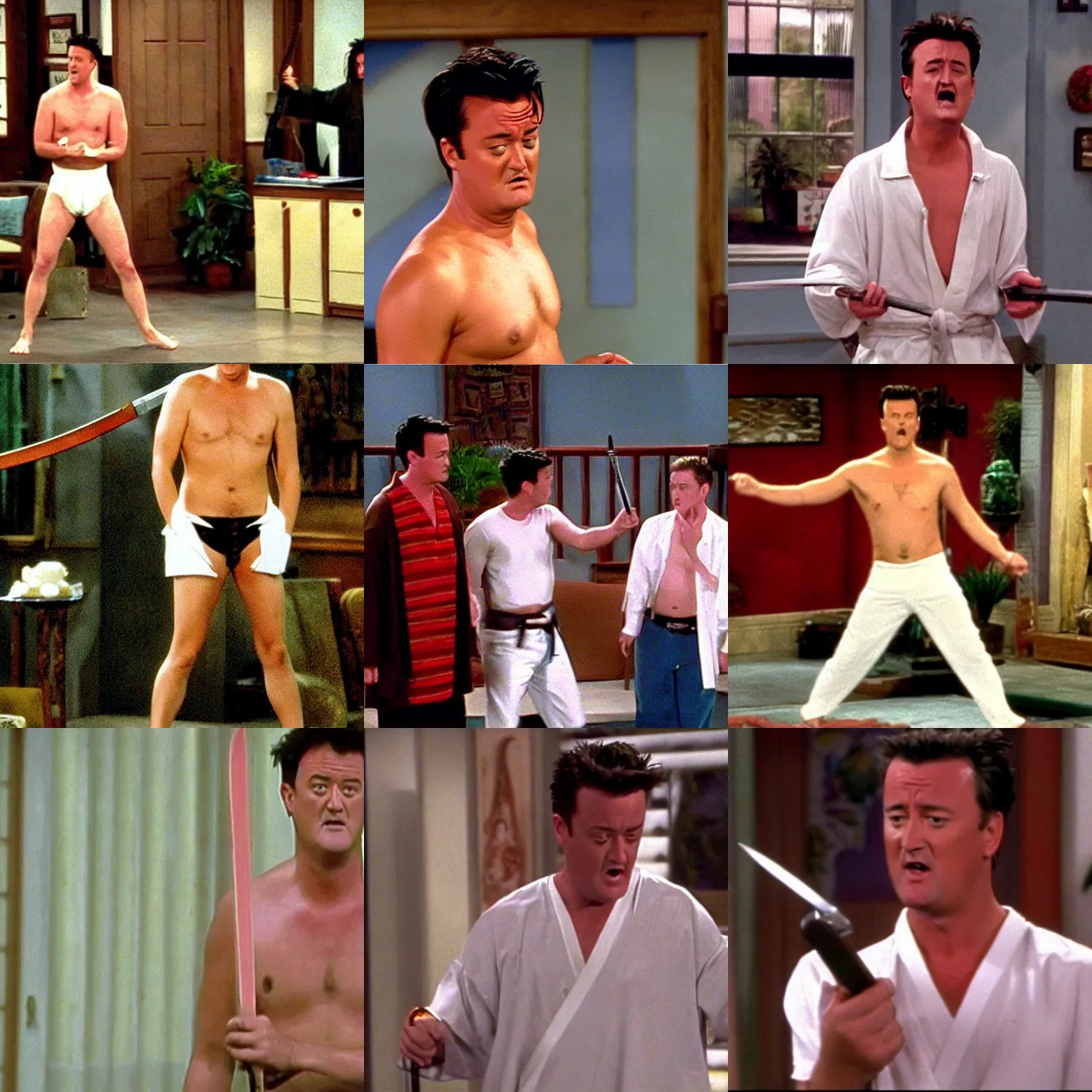 Prompt: chandler bing extremely angry wearing nothing but white y - fronts holding a samurai sword,'friends'9 0 s tv show screenshot