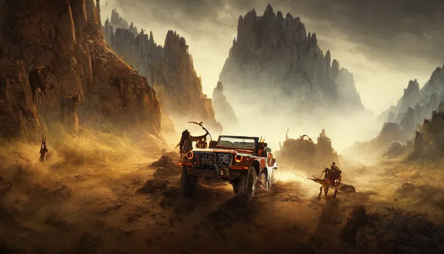 Prompt: Mahindra thar, tribe members attacking, action scene, an epic fantasy, dramatic lighting, cinematic, establishing shot, extremely high detail, photorealistic, cinematic lighting, Maxwell Boas Jessica Rossier Christian Dimitrov Anton Fadeev trending on Artstation CGSociety rendered in Unreal Engine 4k HQ