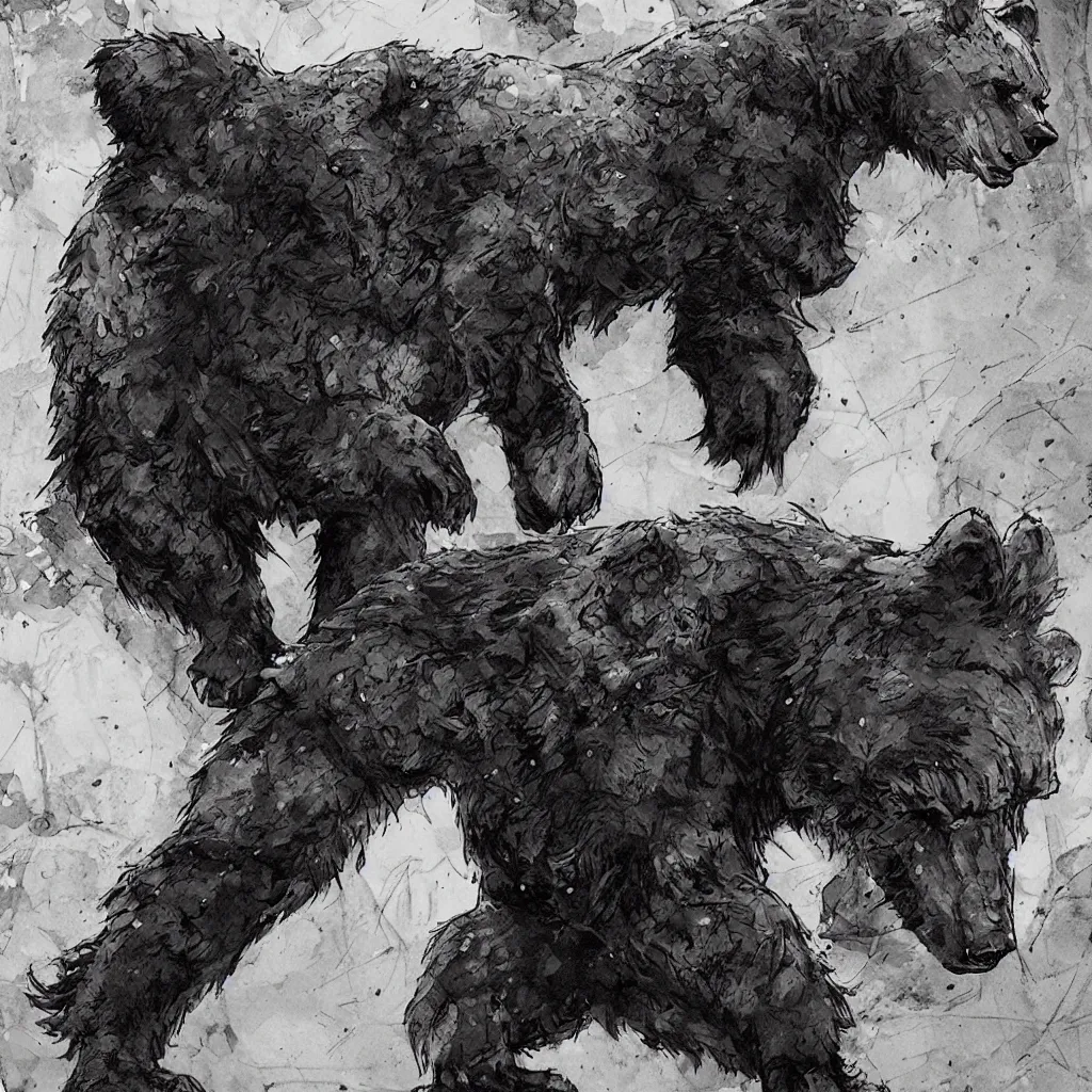 Image similar to large werebear in an alley, in the style of yoji shinkawa