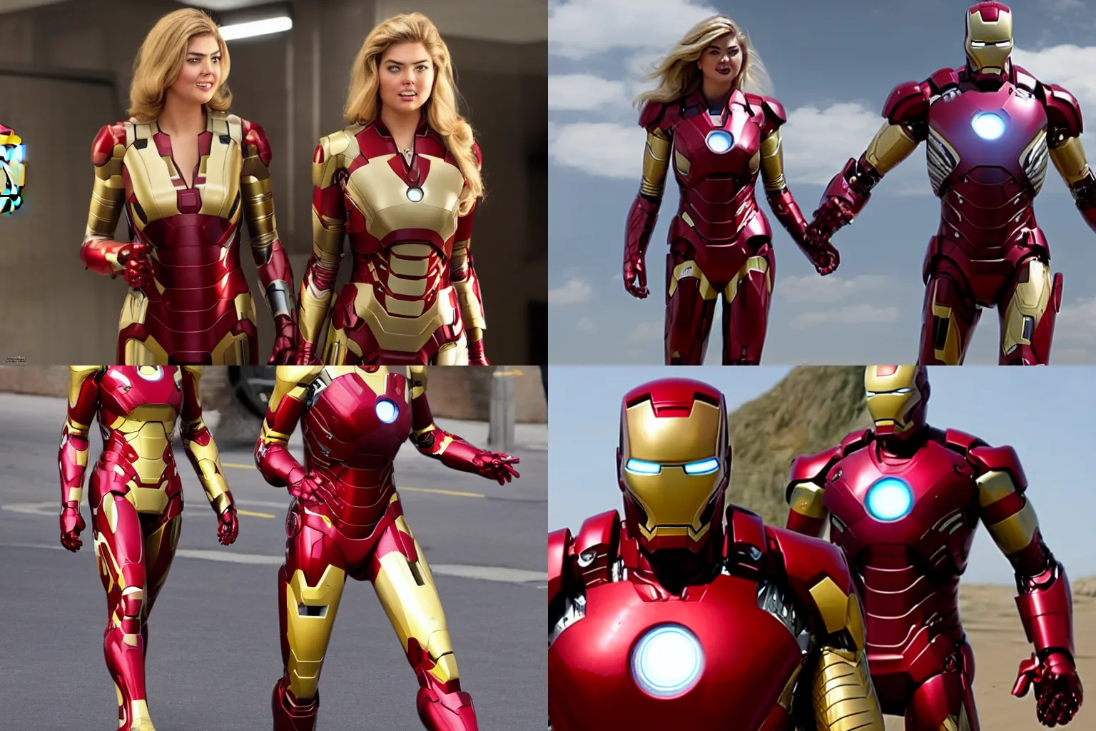 Prompt: kate upton wearing iron man suit in the film iron man, high definition