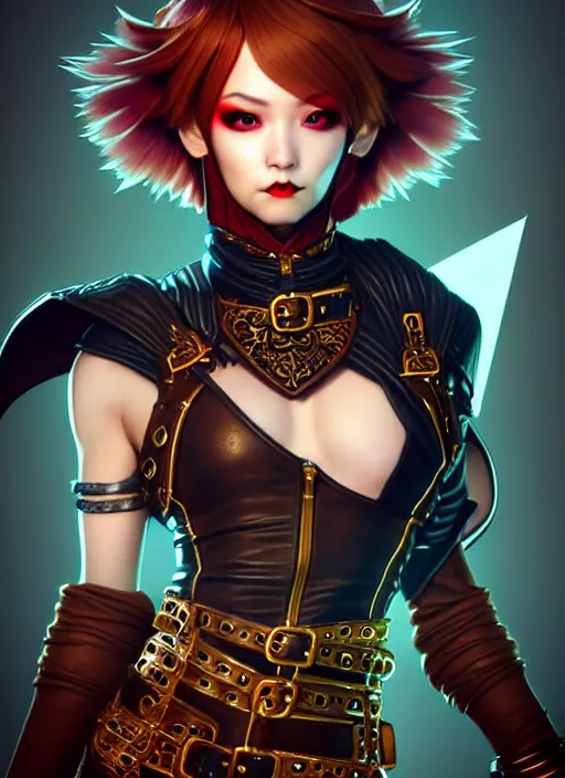 Image similar to rogue, fantasy ornate leather bandit outfit!!! close - up portrait beautiful and athletic short hair female!! gorgeous face and eyes!! character concept art, sharp focus, octane render! unreal engine 5! highly rendered!! trending on artstation!! detailed linework!! illustration by artgerm, wlop, and chie yoshii