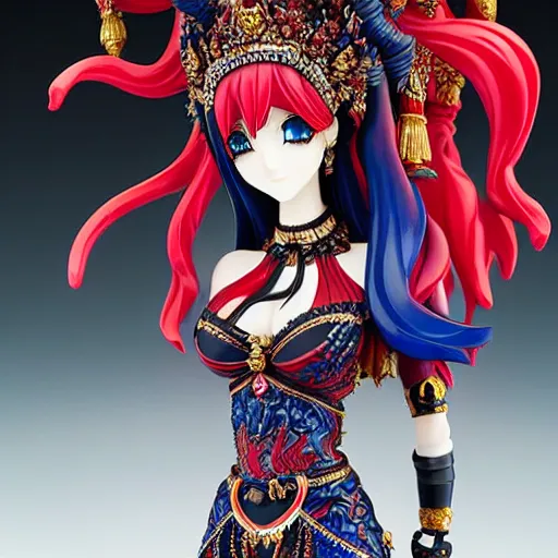 Image similar to figurine of a female goddess, highly detailed, dark red and blue and black color palette, intricate, high quality anime artstyle, in the style of sana takeda