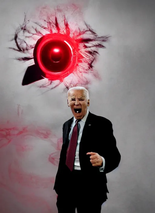 Image similar to hyper realistic photo towering angry wrathful furious glowing red eyes biden