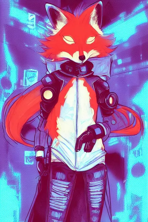 Image similar to a cute cyberpunk anthropomorphic fox with a fluffy tail, comic art, trending on furaffinity, cartoon, kawaii, backlighting, furry art!!!, warm light, concept art, glitch art