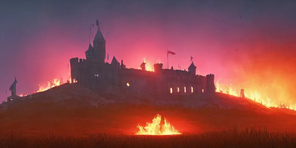 Image similar to a royal grand medieval castle on fire at dusk, intense lighting, on top of a hill, from a distance, intense smoke, burning down, intense flames, center focus, landscape by simon stalenhag, rendered by beeple, by makoto shinkai, digital art