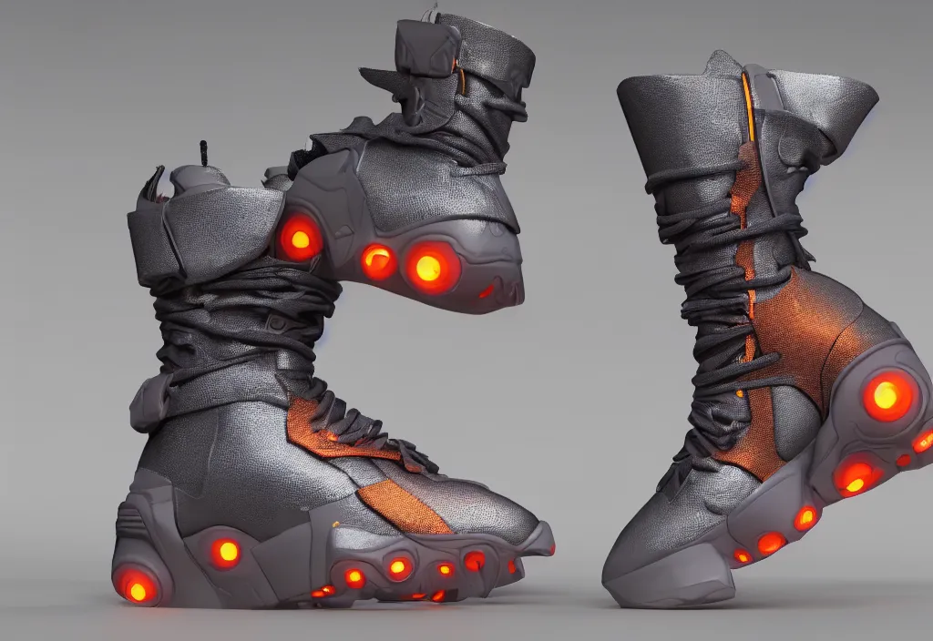 Prompt: one futuristic high - top sneaker with neon illuminated rubber soles on a grey surface, soft orange laces, clean 3 d render, beautiful studio lighting, soft, sharp focus, cyberpunk, intricate detail, gold and red filigree, soft rubber, octane render, trending on artstation, deviantart, art by iris van herpen and syd mead and android jones