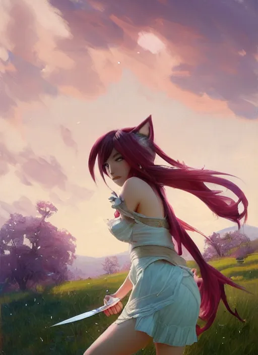 Prompt: portrait of Ahri from League of Legends after work, countryside, calm, fantasy character portrait, dynamic pose, above view, sunny day, thunder clouds in the sky, artwork by Jeremy Lipkin and Giuseppe Dangelico Pino and Michael Garmash and Rob Rey, very coherent asymmetrical artwork, sharp edges, perfect face, simple form, 100mm