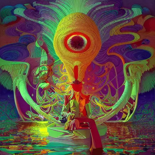 Image similar to colourful breathtakingly weird beautiful powerful magical wonderfully majestic beautifully cool character by michael whelan and moebius and beeple and kilian eng and dan mcpharlin and louis sullivan and pascal blanche and jamie hewlett and richard dadd, symmetrical, magical stormy reflections, smoke on water, 8 k artstation