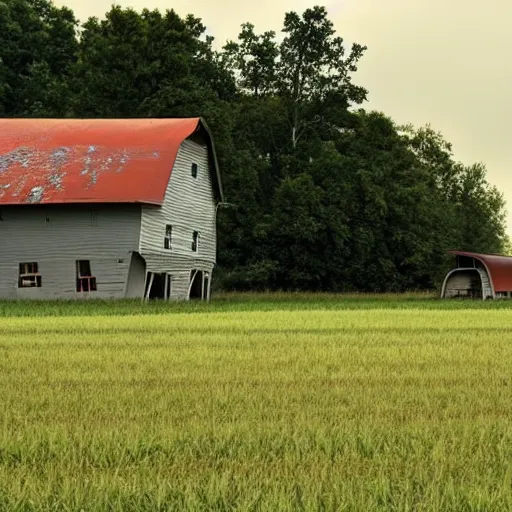 Image similar to A horrible thunderstorm overtop a field with a barn