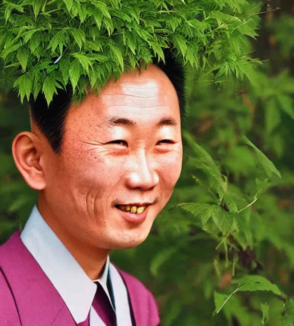 Image similar to colour araki nobuyoshi style close - up photography of detailed north korean kim chen with detailed smiling face, smelling detailed weed bush