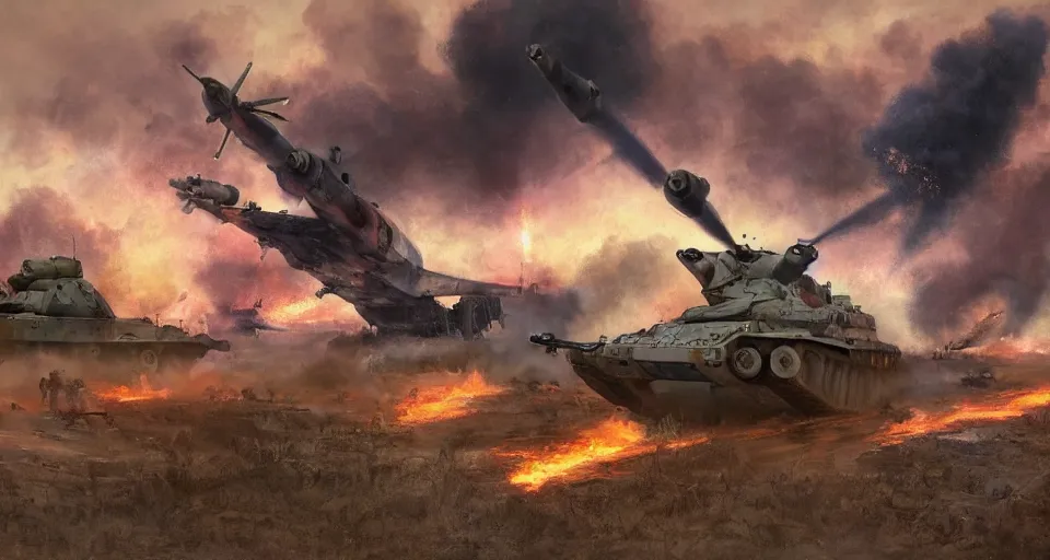 Prompt: second world war fighting against ufo, aliens, tanks, jet fighters, missiles, with anti aircraft guns, with fire and smoke in the background by eugene von guerard, ivan shishkin, dramatic lighting, concept art, trending on artstation, 8 k