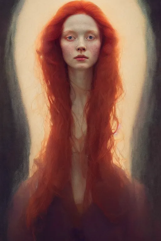 Image similar to of beautiful redhead female, beauty portrait by greg rutkowski, hilma af klint, moebius, victo ngai, sharp focus, global illumination, highly detailed, masterpiece, award winning, post processing